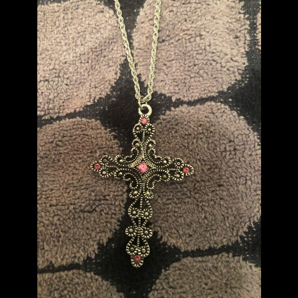 Beautiful cross necklace with pink gems